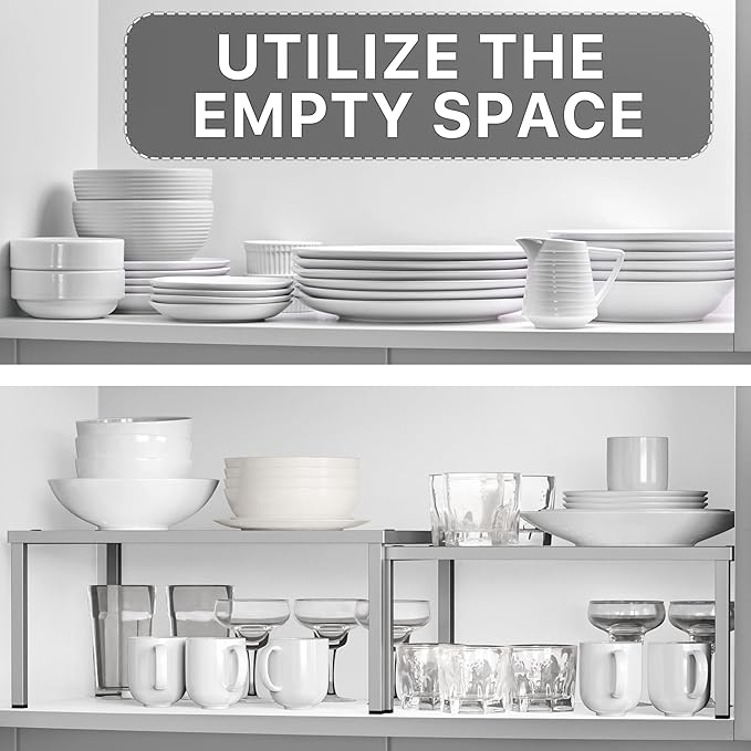 Simple Houseware Expandable Stackable Cabinet and Counter Shelf Organizer with Steel Surface, 9" D x 12.75" W x 5.9" H, Silver
