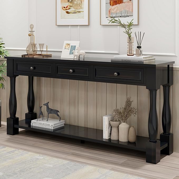 Knocbel Long Console Table with 3 Drawers & Bottom Open Shelf, Solid Wood Mediterranean Entry Sofa Table for Entryway Hallway Living Room, 63" W x 14.8" D x 30" H, Espresso