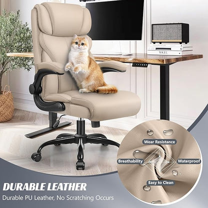 Office Chair, Ergonomic Big and Tall Computer Desk Chairs, Executive Breathable Leather Chair with Adjustable High Back Flip-up Armrests, Lumbar Support Swivel PC Chairs with Rocking Function