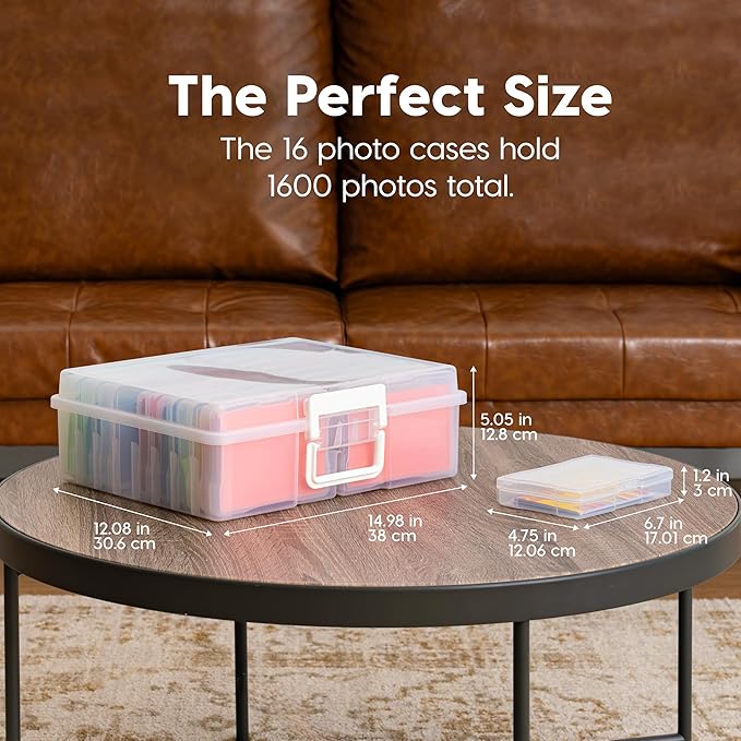 IRIS USA 4" x 6" Photo Storage Box Craft Keeper, Transparent Handle Container with 16 Organization Holder Cases for Pictures, Tasks, Scrapbooking, Ephemera, Stationery Storage, Clear