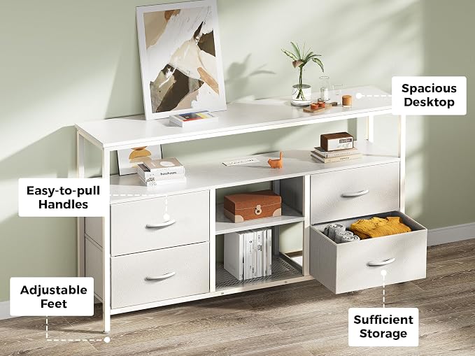 Huuger 47 Inch TV Stand Dresser with Power Outlets and LED Lights, 4 Drawers Entertainment Center with Open Shelf, Media Console for 55 50 Inch TV, Dresser with PU Finish, White