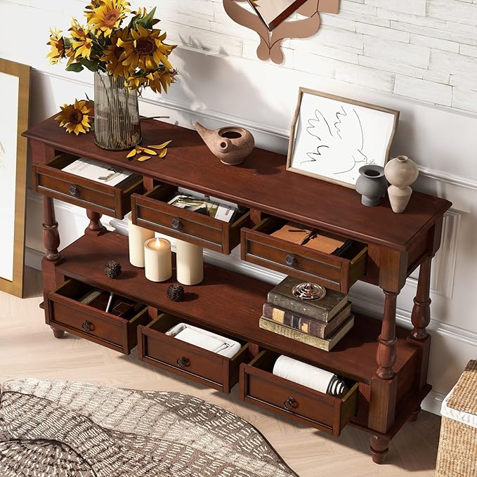 KEIKI 54”L Pine Solid Wood Entryway Console Table with 6 Storage Drawers, Vintage Behind Couch Sofa Table with 2 Tiers Open Shelf for Hallway, Entrance, Entry Way, Living Room, Foyer