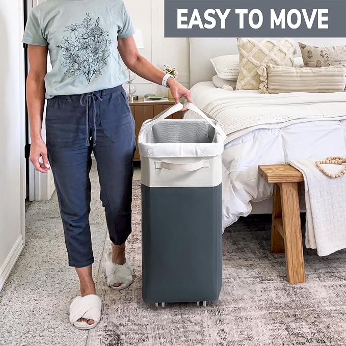 Goodpick Laundry Basket with Wheels, 75L Laundry Hamper for Dirty Clothes, College Dorm Essentials, Clothes Hamper for Livng Room, Grey&White
