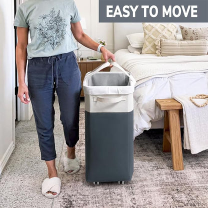 Goodpick Laundry Basket with Wheels, 75L Laundry Hamper for Dirty Clothes, College Dorm Essentials, Clothes Hamper for Livng Room, Grey&White
