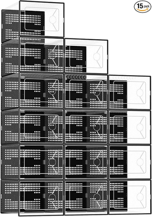 Sweetcrispy Shoe Storage Boxes, Clear Plastic Stackable Shoe Rack Organizer with Lids for Closet, Foldable Sneaker Container, Under Bed and Entryway, 15 Pack, Black