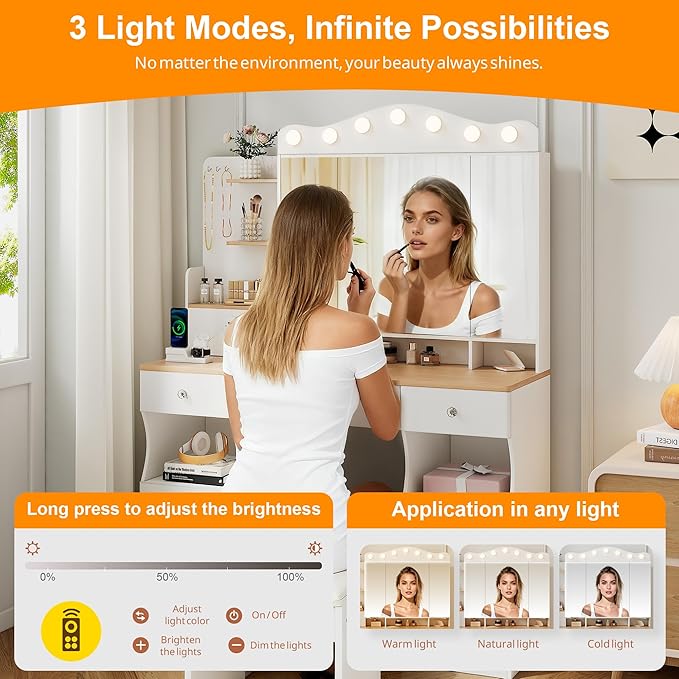 43" Large Vanity Desk with Mirror and Lights, Tri-Fold Mirror Makeup Vanity Table with LED Bulbs, Hidden Storage Drawers & USB Ports, Natural Wood and White Design, Modern Farmhouse Vanity for Bedroom
