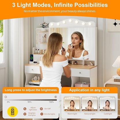 43" Large Vanity Desk with Mirror and Lights, Tri-Fold Mirror Makeup Vanity Table with LED Bulbs, Hidden Storage Drawers & USB Ports, Natural Wood and White Design, Modern Farmhouse Vanity for Bedroom