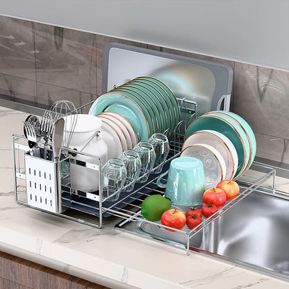 Large Dish Drying Rack, Expandable Dish Rack, 304 Stainless Steel Dish Racks for Kitchen Counter, Multifunctional Dish Drainers with Utensil Holder & Cutting Board Holder