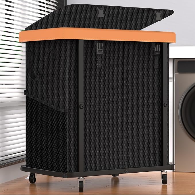 190L (50 Gal) Large Fashion Laundry Basket with Wheels, Leather Patchwork Rolling Hamper Carts, Sturdy Metal Frame, Removable Washable Bag, Tall Clothes Sorter for Bedroom - 2 Setion Black