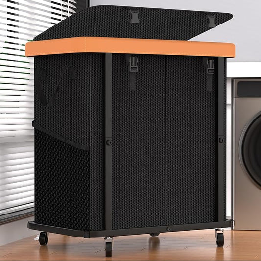 190L (50 Gal) Large Fashion Laundry Basket with Wheels, Leather Patchwork Rolling Hamper Carts, Sturdy Metal Frame, Removable Washable Bag, Tall Clothes Sorter for Bedroom - 2 Setion Black