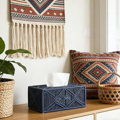 Woven Macrame Boho Tissue Box Cover Rectangular for Home Decor,Resin Heavy Woven Tissue Box Holder for Bathroom Kitchen Countertop,Bedroom, Vanity, Night Stand, Office, Waterproof Durable (Blue)