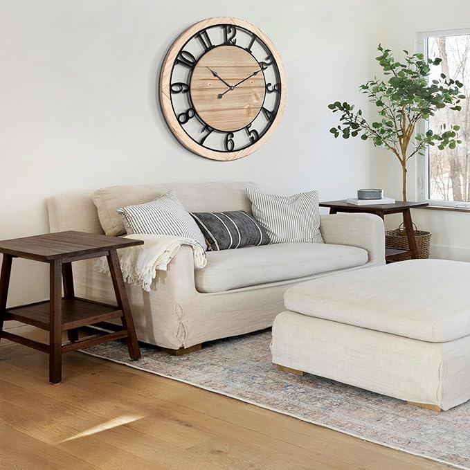 LEIKE 30 Inch Extra Large Wall Clock - Rustic Wooden Nearly Silent Wall Clock with Black Metal Frame, Vintage Farmhouse Decorative for Living Room, Bedroom, Kitchen - Arabic Numerals, Modern Design