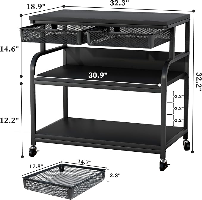 EasyCom 32.3"x18.9" Extra Large Printer Stand with Double Drawers, 5-Adjustable Heights 3 Tier Table with Wheels, Rolling Printer Cart with Storage for Printer Scanner Fax Home Office Use