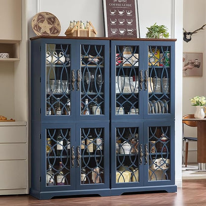 67" Tall Pantry Cabinet Set of 3, Vintage Kitchen Pantries Cabinets with Glass Doors & Adjustable Shelves, Wood Cupboard with Large Storage for Dingning Room, Bathroom, Navy Blue