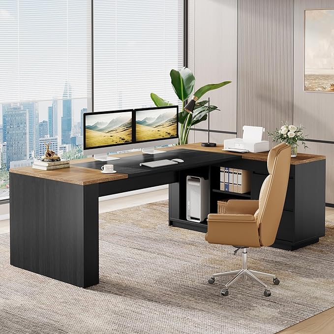 Tribesigns 78" L Shaped Executive Desk with Drawers, Large Office Computer Desk with Cabinet and Storage Shelves, Modern Business Furniture Sets Workstation for Home Office (Brown/Black)
