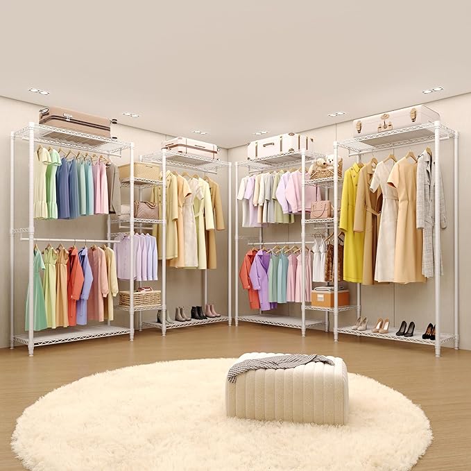 1630 LBS Heavy Duty Clothes Rack with Adjustable Shelves, 5 Tiers L-Shaped Freestanding Closet Organizer and Storage for Hanging Clothes, 85.4" W x 17.4" D x 70.5" H