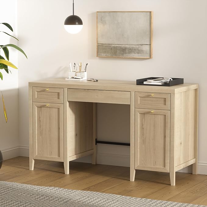 52" Executive Desk with Storage Drawer, Farmhouse Home Office Desk with Storage Cabinet Wood Computer Writing Desk for Study Office, Light Oak