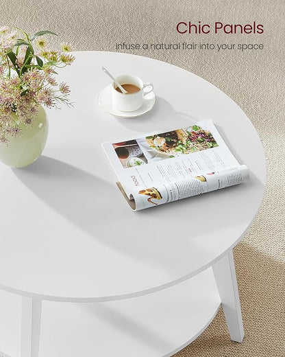 VASAGLE MAEZO Collection - Round Coffee Table, 2-Tier Center Table with Storage, Tapered Legs, Curved Transitions, 31.5 Dia. x 17.7 H Inches, Easy Assembly, for Living Room, Snow White ULCT243W14