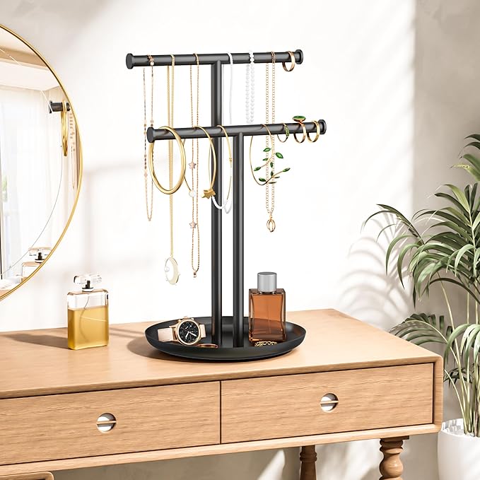 Necklace Rack Stand with Storage Tray - 2 Rods T-Shaped Jewelry Holder Stand for Bracelets, Earrings, Rings | Elegant Vanity & Dresser Top Storage for Women, Black.