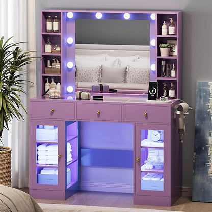 Makeup Vanity Desk with Mirror and Lights, Glass Top Vanity Table Set with Drawers & Power Outlet, Large Dressing Table with 3 Color Lighting Modes & RGB Cabinets for Women Girls Kids Bedroom, Purple