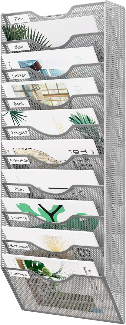 EasyPAG 10 Pocket Mesh Wall File Organizer, Hanging Paper Folder Holder with Classify Label, Vertical Wall Mount Mail Organizer for Office Home Classroom, Silver