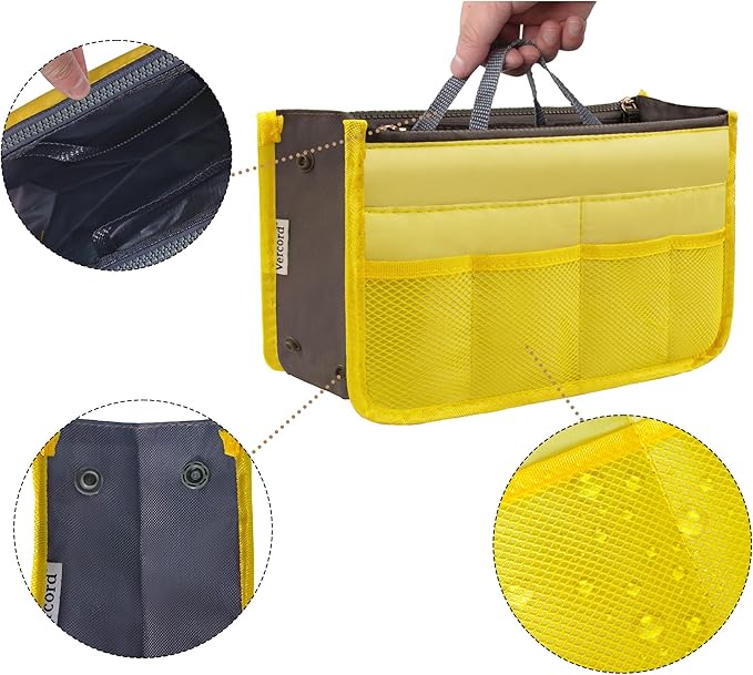 Vercord Purse Organizer Insert for Handbags Bag Organizers Inside Tote Pocketbook Women Nurse Nylon 13 Pockets Yellow Large