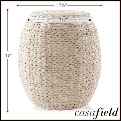 Casafield Round Storage Basket with Lid - Whitewash, Handwoven Water Hyacinth Organizer for Laundry, Blankets, Plants, Bedroom, Living Room, Home Office
