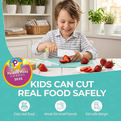Tovla Jr Kids Safe Knife Set for Real Cooking | Complete Kids Cooking Set with Chopper, Peeler, Cutting Boards & Apron | Montessori Kitchen Tools | Ages 4 to 12