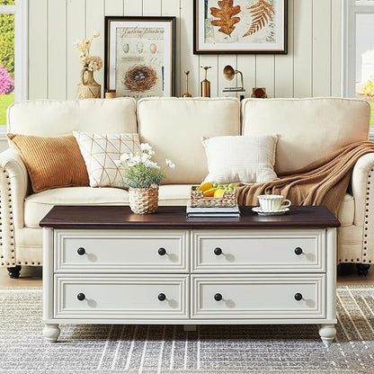 48" Farmhouse Coffee Table with Hidden Storage,Wooden Coffee Tables with 4 Drawers & Roman Column Handle,Rectangular Rustic Center Table with Solid Wood Curved Base for Living Room,Office,White