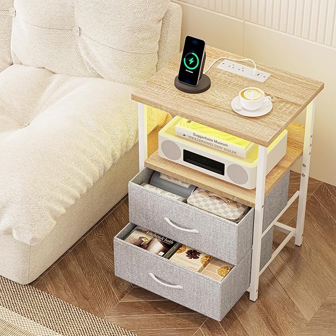 Fixwal Night Stand with Charging Station, LED Nightstand with U-S-B Ports and Outlets, 2 Fabric Storage Drawers with PU Finish, Small Bedside Table, Natural Oak & Light Grey