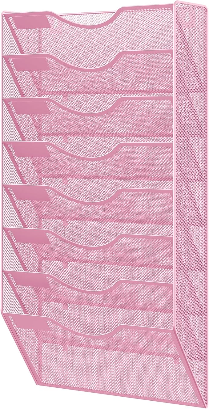 EasyPAG 8 Pocket Mesh Wall File Organizer, Hanging Paper Folder Holder with Classify Label, Vertical Wall Mount Mail Organizer for Office Home Classroom, Pink