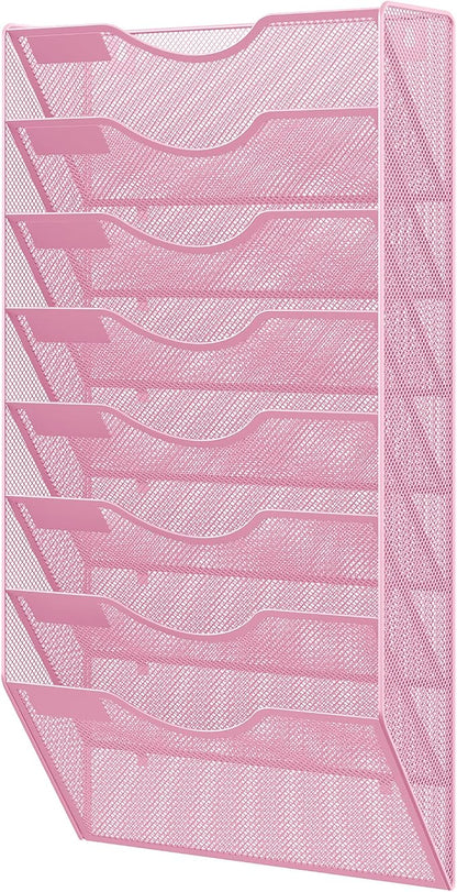 EasyPAG 8 Pocket Mesh Wall File Organizer, Hanging Paper Folder Holder with Classify Label, Vertical Wall Mount Mail Organizer for Office Home Classroom, Pink