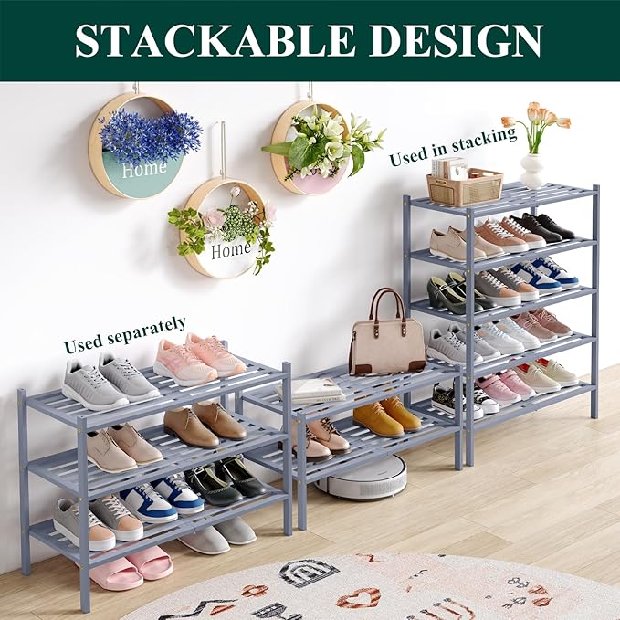 Smiry Bamboo Shoe Rack 2-Tier, Stackable Wooden Shoe Organizer for Entryway & Closet, Free Standing Wood Shoe Storage Shelf for Front Door & Small Spaces, Grey