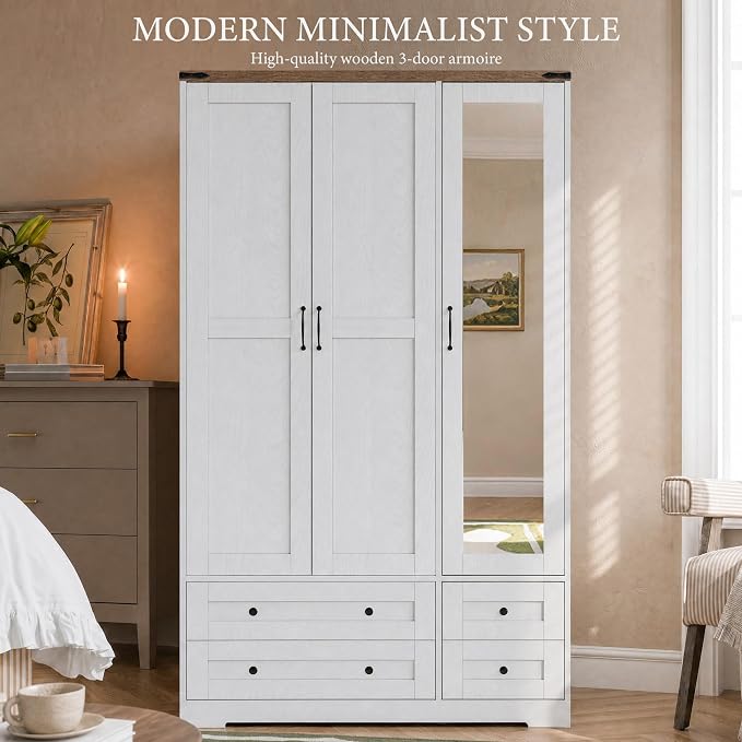 Brafab Armoire Wardrobe Closet with 3 Modern Doors and Mirror, 71" Tall Freestanding Cabinet with 4 Drawers, Hanging Rod, and 4 Shelves, Wooden Storage Organizer for Clothes, Bedroom