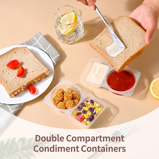 RXRRXR 10PCS Double Compartment Condiment Container With Lids - Reusable Snack Pack Containers for Take-out Sauces