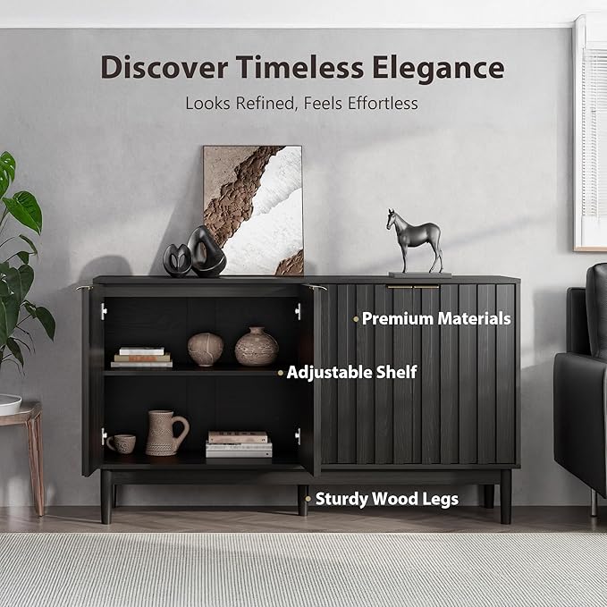 Fluted Cabinet with Storage, Buffet Cabinet Sideborad with 4 Doors, Black Buffet Storage Accent Cabinets with Adjustable Shelves for Living Room, Entry, Hallway, Kitchen