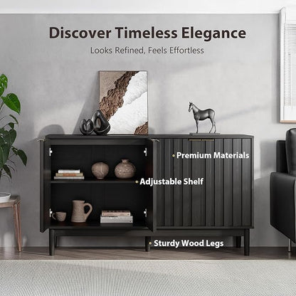 Fluted Cabinet with Storage, Buffet Cabinet Sideborad with 4 Doors, Black Buffet Storage Accent Cabinets with Adjustable Shelves for Living Room, Entry, Hallway, Kitchen