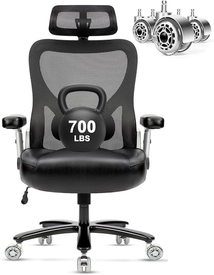Big and Tall Office Chair 700lbs- Heavy Duty Executive Computer Chair with Rubber Wheels 3D Flip Arms, Ergonomic Mesh High Back Desk Chair, Extra Wide Seat Adjustable Lumbar Support & Headrest