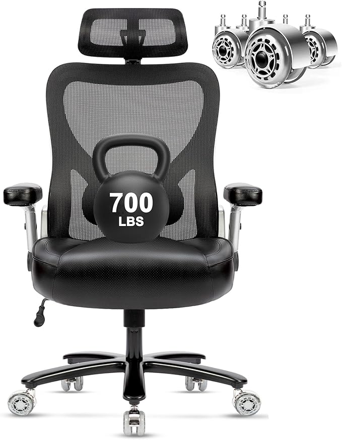 Super Big and Tall Office Chair 700lbs- Heavy Duty Executive Computer Chair with Rubber Wheels 3D Flip Arms, Ergonomic Mesh High Back Desk Chair, Extra Wide Seat Adjustable Lumbar Support&Headrest