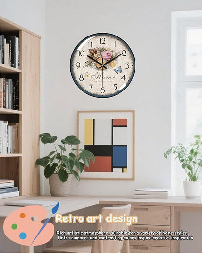 Decorative Wall Clocks Batterys Operated, Retro Wall Clock with Glass Dial, 12-Inch Dial with Roman Numerals, Silent and No Ticking, Suitable for Living Room, Bedroom, Dining Area, Workspace
