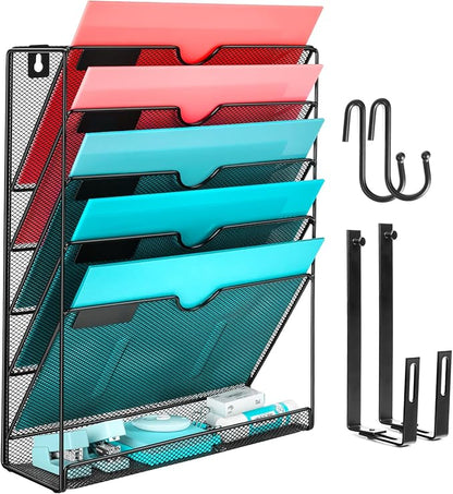 GALASALA Wall File Organizer, 6 Pockets Mesh Hanging File Organizer, Wall Mount File Holder With Hooks, Wall Organizer Magazine Rack for Office Supplies, Black