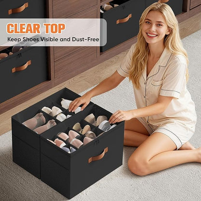 2 Pack Shoe Organizer for Closet,Foldable Shoe Storage Organizer with Adjustable Dividers, Shoe Storage Box with Clear Cover, Fits up to 16 Pairs, Black