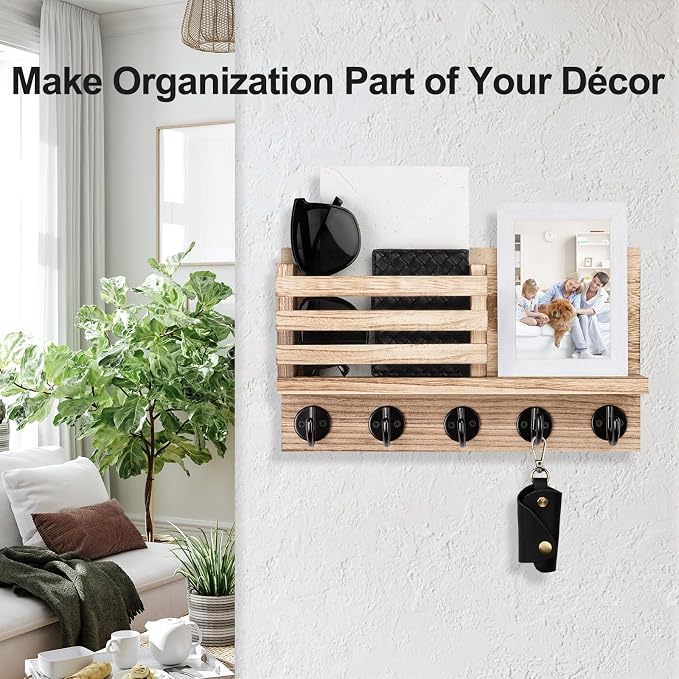 Lwenki Key Holder for Wall – Decorative Wooden Mail Holder and Key Shelf with Mounting Hardware, Installation Guide – Paulownia Wood with Metal Key Hooks (Wood, Large - 11.8inch)
