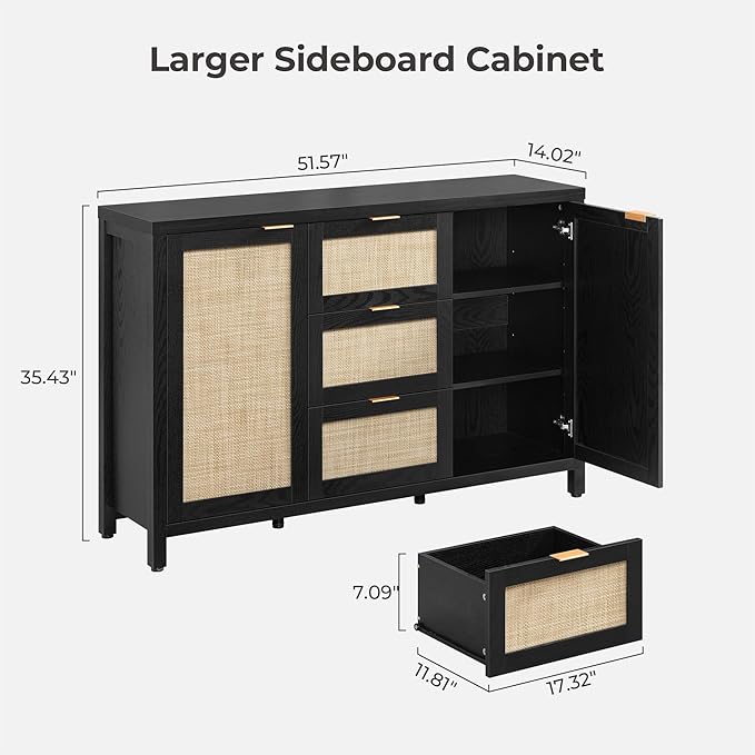 SICOTAS Rattan Sideboard Buffet Coffee Bar Cabinet with Storage - 52" Larger Farmhouse Credenza Storage Cabinet with 3 Drawers and 2 Doors, Boho Console Table for Living Room, Kitchen, Black Oak