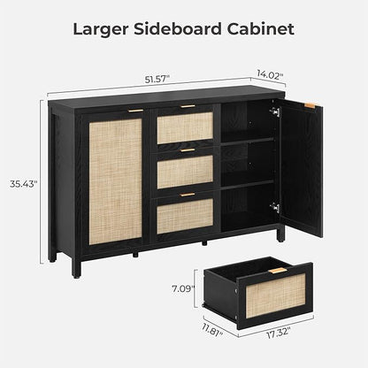 SICOTAS Rattan Sideboard Buffet Coffee Bar Cabinet with Storage - 52" Larger Farmhouse Credenza Storage Cabinet with 3 Drawers and 2 Doors, Boho Console Table for Living Room, Kitchen, Black Oak