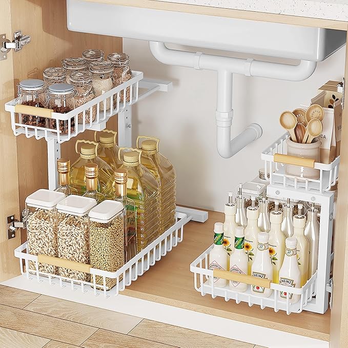 2 Pack 2 Tiers Pull Out Under Sink Organizers, Metal Kitchen Storage Shelf, Pull Out Under Sink Storage Rack, Multi-purpose Under Sink Shelf Organizer for Under Sink Cabinet Bathroom Kitchen (White)