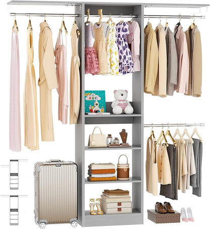 48" Closet Organizer System, 4FT Closet System for Small Closets with 4 Hanging Rods & 3 Shelves, 80"H Small Closet Organizers and Storage for Bedrooms, Cloakrooms, Gray