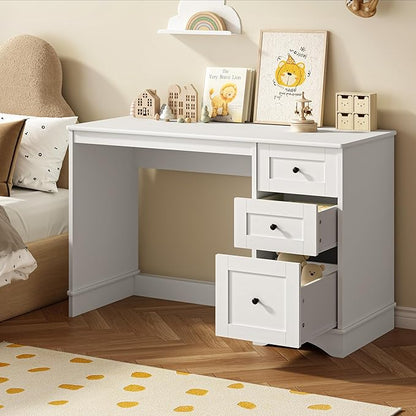 48”White Computer Desk with 3 Drawers, Modern Office Desk with Storage, Small Writing Desk for Bedroom, Living Room, Office