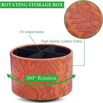 Hennaja Round Leather Art Supply Organizer,Remote Control Holder,360 Degree Spinning,Multi-Functional Pencil Holder,4 Compartments Desktop Stationary Organizer(1-Carved Brown)