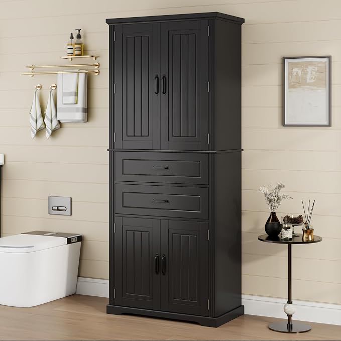 Storage Cabinet,Tall Freestanding Cabinet with Adjustable Shelf | Tall storage cabinet, 4-door design, 5+ shelves, upper door shelves, and 2 pull-out compartments for organized storage